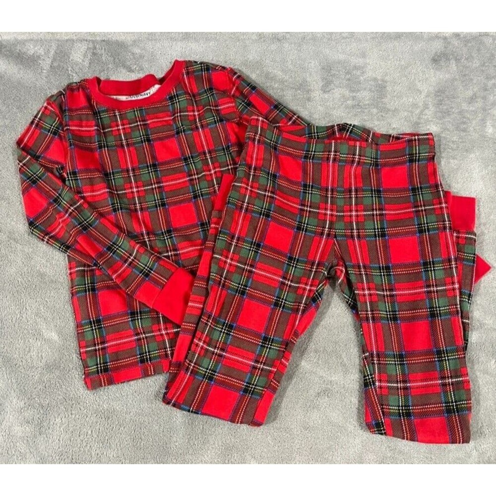 Old Navy Unisex Kids Snug Fit Plaid Pajama Set Red Green Size Large 10 Cotton